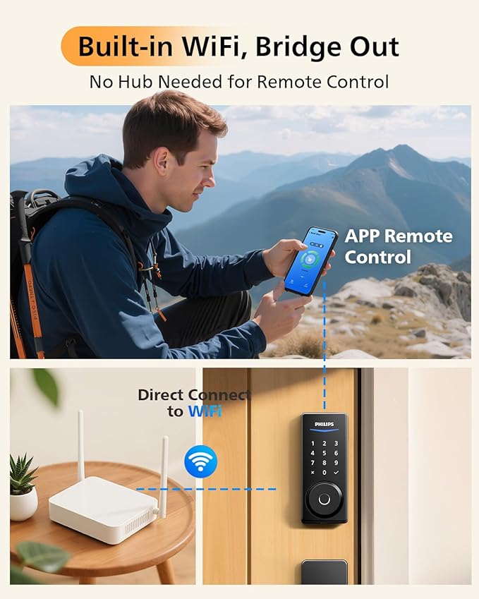Philips WiFi Smart Lock + Door Handle Set, Built-in WiFi, APP Remote Control, Keypad Door Locks for Front Door, Fingerprint Unlock, Voice Control, Digital Deadbolt Smart Lock, Keyless Entry, Auto Lock