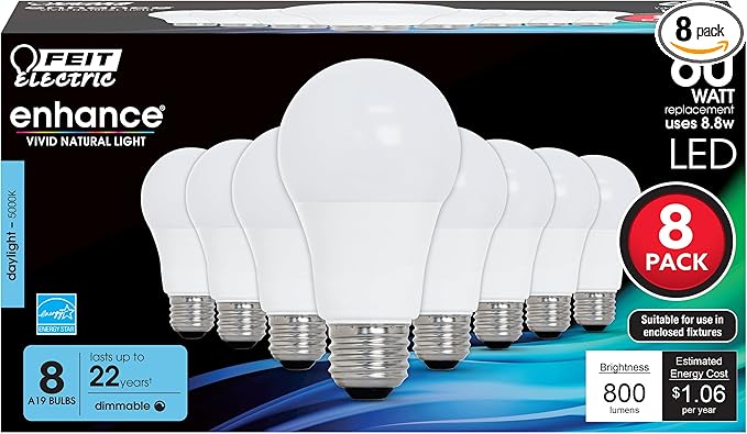 Feit Electric A19 LED Light Bulbs, 60W Equivalent, Dimmable, E26 Standard Base, 90 CRI, 800 Lumens, 5000K Daylight, 120V, 22 Years Lifetime, Damp Rated, 8 Pack, OM60DM/950CA/8