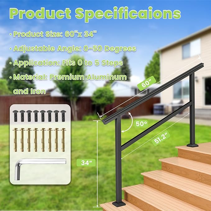 SPACEEUP Hand Rails for Outdoor Steps,5 Step Handrail，60" x 34" Fits 0 to 5 Steps, Outdoor Stair Handrail Kit, Black Railings for Outdoor Steps for Porch Deck，Hand Rails for Seniors