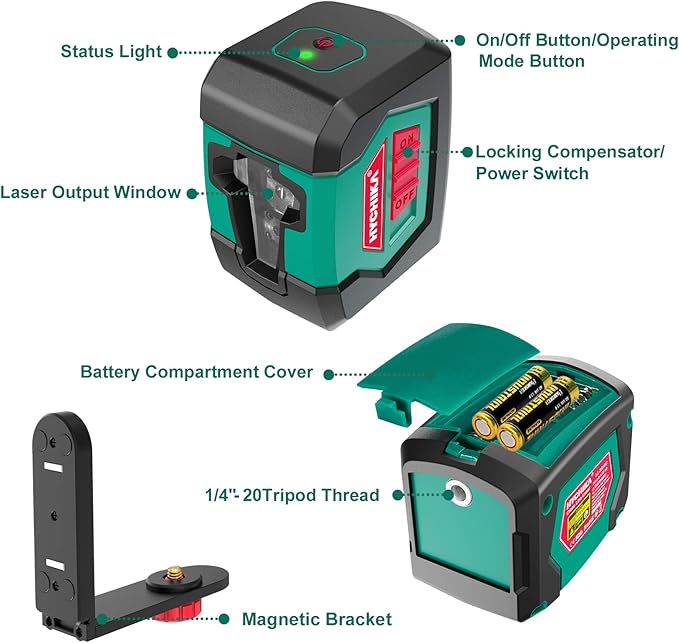 Laser Level, HYCHIKA 50 Feet Cross Line Laser with Dual Modules, Self Leveling Laser Level, Switchable Self-Leveling Vertical and Horizontal Line Construction Picture Hanging, Battery Included