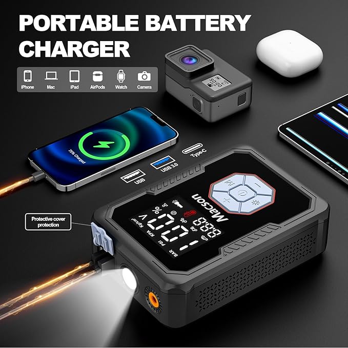 Jump Starter with Air Compressor, 150PSI Tire Inflator 1500A Portable Car Jumper Starter Battery Pack(Up 7.5L Gas/5.5L Diesel Engine), 12V Battery Charger Booster with 6 Modes Flashlight