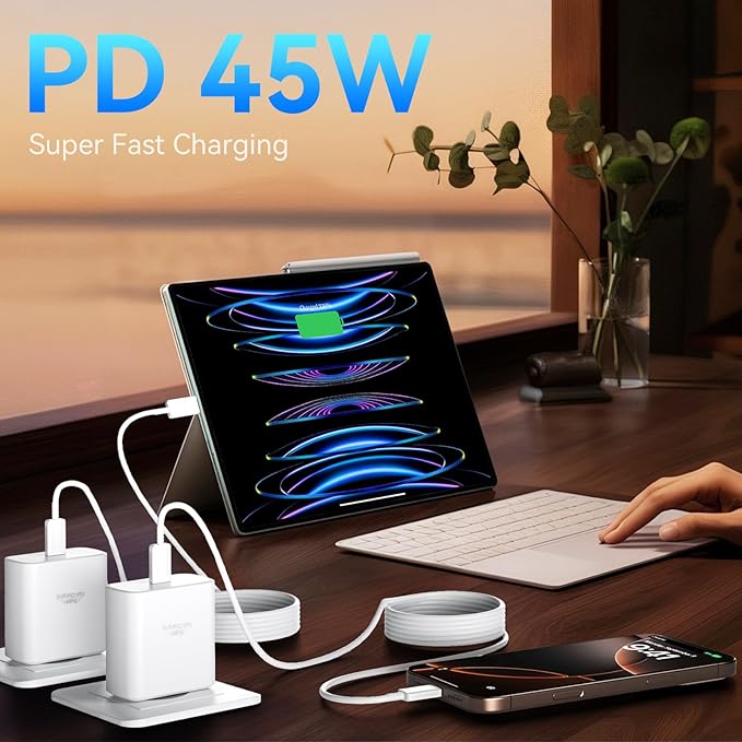 Phone 16 Pro Max Charger Fast Charging, 45W Super Fast USB C Charger Block with 6.6FT Long Charging Cord Cable for 16 Pro Max/16 Pro/16/16 Plus,15 Pro Max/15, Pad, Android Phone-White
