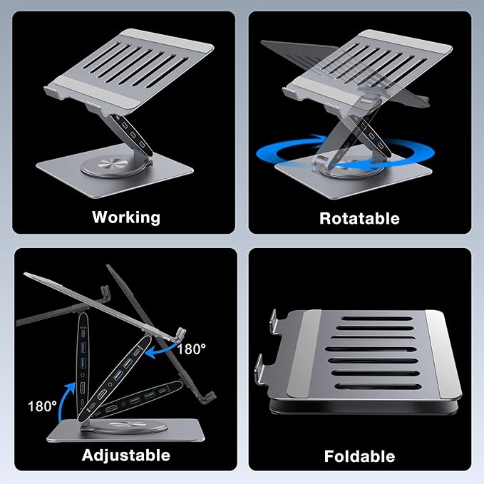 Adjustable Laptop Stand for Desk with Docking Station 9-in-1, Aluminum Laptop Riser with USB Hub, 360° Swivel, Dual Display 4K60Hz HDMI, 3 USB3.0, 100W PD Charging, for MacBook Pro Air/Dell/HP 7-15.6"