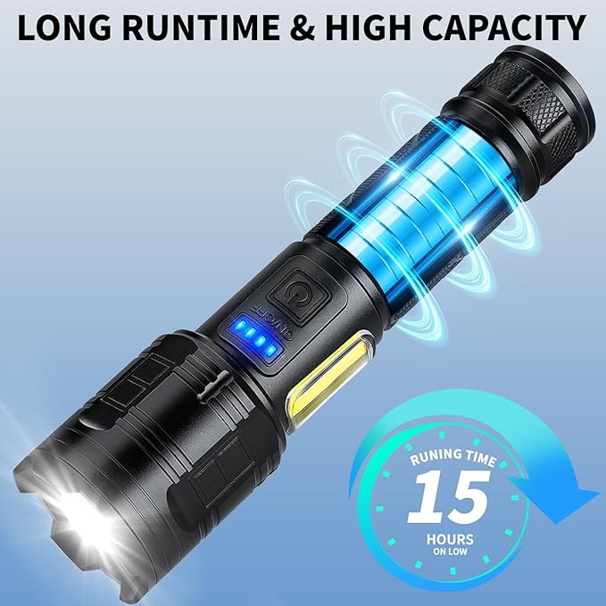 Rechargeable LED Flashlights High Lumens, 99,000 Lumen Super Bright Flashlight with 7 Modes & Waterproof, Powerful USB Rechargeable Handheld Flash Light for Camping Home, Black