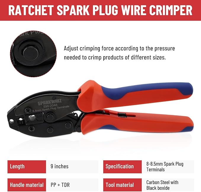 Ratchet Spark Plug Wire Crimping Tool Kit, 24PCS 180 Degree/90 Degree/Straight Spark Plug Coil Terminals & 24PCS Boots, Ratcheting Wire Crimper Diameter 8.5-8m