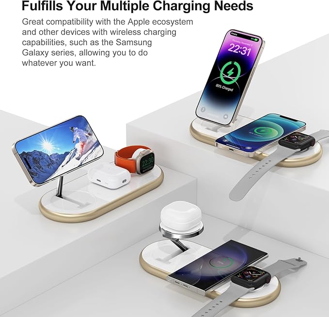 Magnetic Charging Station, 3 in 1 Faster Mag-Safe Wireless Charger Stand, Wireless Charging Pad for Apple Devices, iPhone 16/15/14/13/12 Series, iWatch Series, AirPods (Golden)