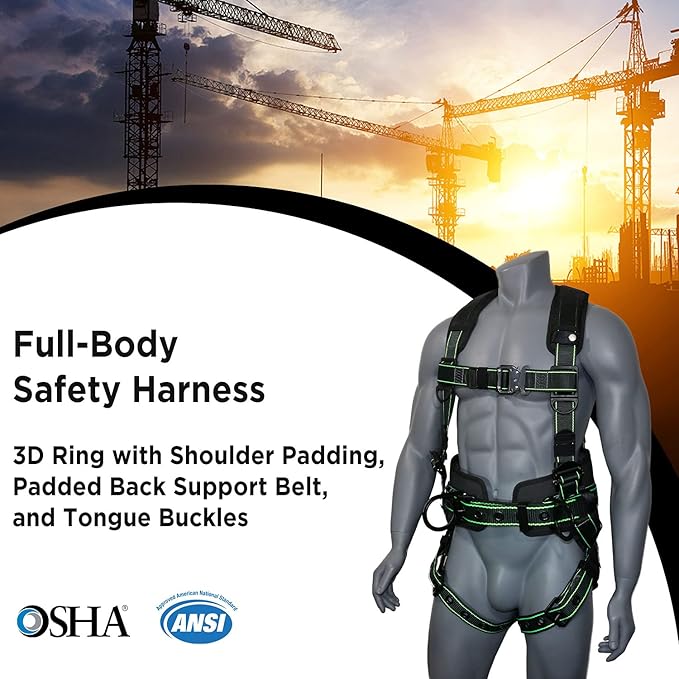 AFP Fall Protection Full-Body Premium Safety Harness, 8” Thick Support Belt, Aluminum D-Rings, Tongue Buckle (OSHA/ANSI PPE)