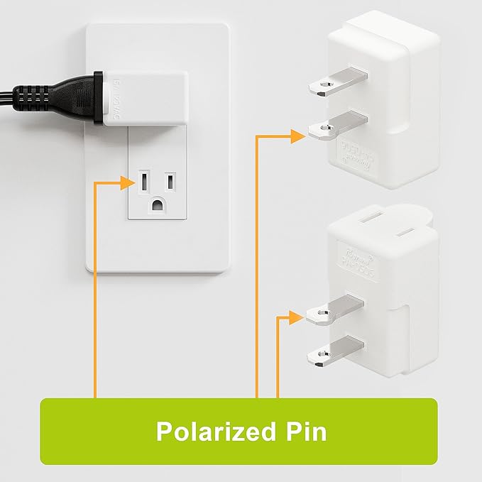90 Degree 2 Pin Adapter, Plugrand Nema 1-15P to 1-15R Left Angled Adapter, 2 Prong Angled Adapter, NEMA 1-15P Power Adapter, PA-0506 White Color