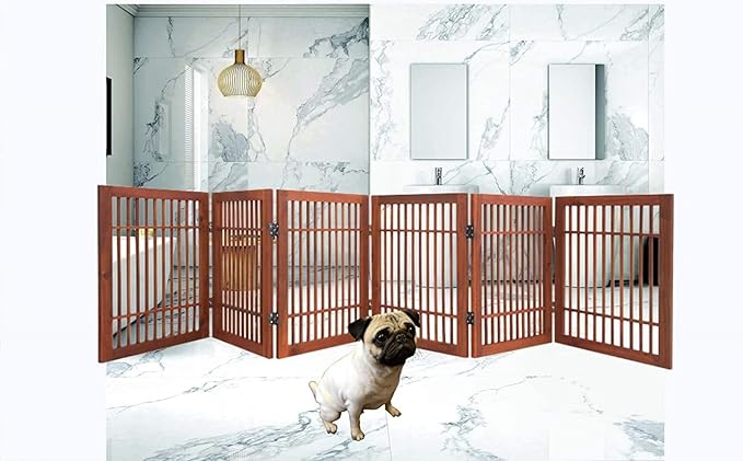 Pet Dog Gate Strong and Durable Freestanding Folding Acacia Hardwood Portable Wooden Fence Indoors or Outdoors by Urnporium (Brown Pet Gate, 6 Panel 24" Tall)