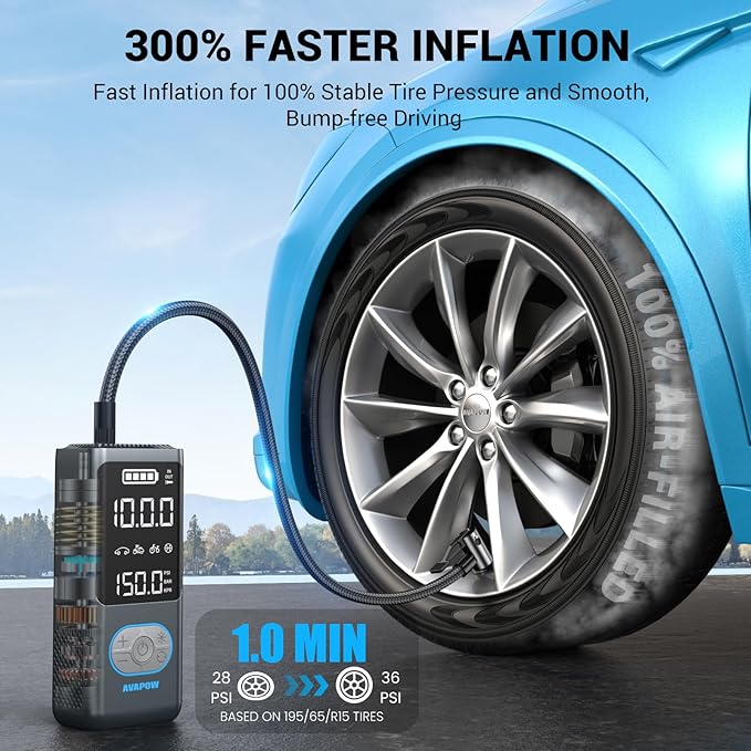 AVAPOW AP18 Tire Inflator Portable Air Compressor, 300% Faster 150 PSI Cordless Air Pump with Tire Pressure Gauge, 3.7″ Dual LCD Screen, Auto-Shuts Off Tire Pump for Car, Motorcycle, Bicycle, Blue
