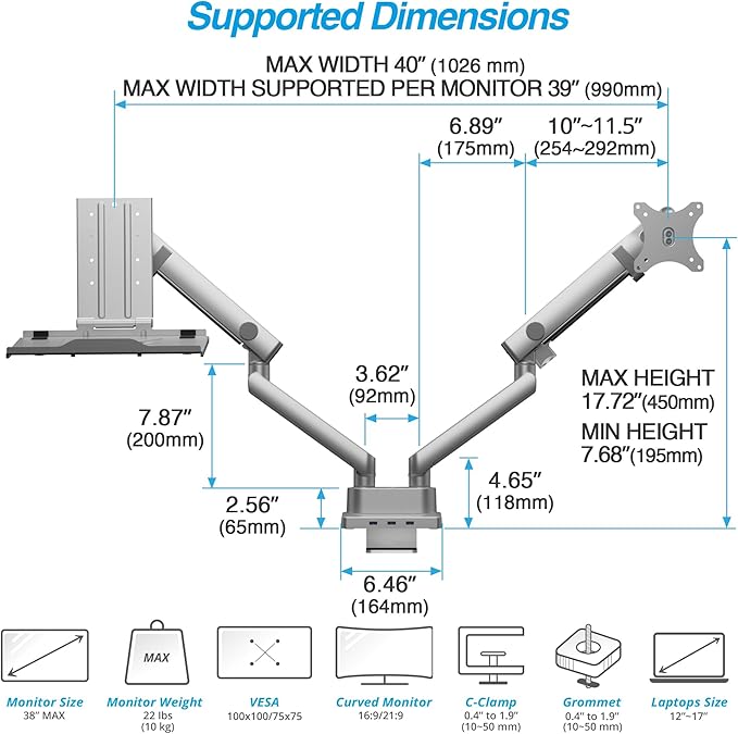 AVLT Dual 17”-38" Monitor Arm Desk Mount with 17" Laptop Tray and USB-C Docking Station, HDMI 4K60Hz, USB-A 5Gbps, Ethernet, 100W PD, Fits Two Flat/Curved Monitor - Gray
