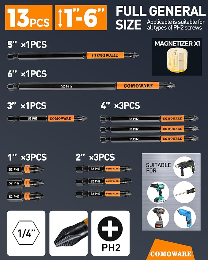 COMOWARE 12pcs Phillips Head Drill Bits #2, S2 Steel 1/4" Hex Bit Set, Anti Slip Screwdriver Bits, 1-6" Length, CNC Tip Magnetic Drill Bit, Impact Hex Bitss Sets For Electronic Devices Disassembly