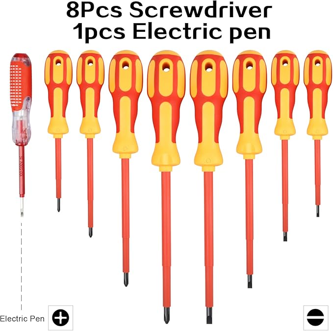 9 Piece 1000V Insulated Electrician Screwdrivers Set with Magnetic Tips, Slotted and Phillips Bits Non-Slip Grip, with 1 Test pen Electrical screwdriver set