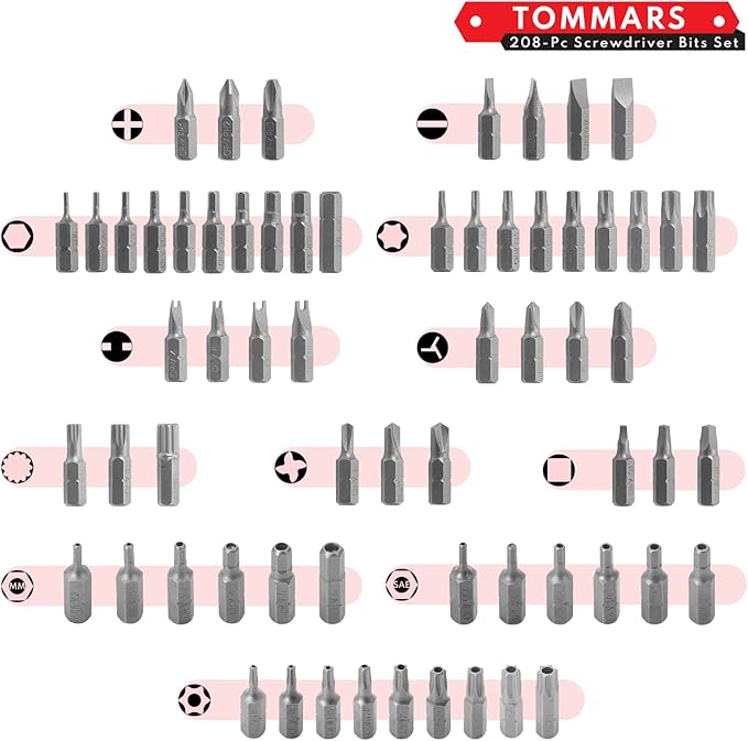TOMMARS 208-Pc Master Screwdriver Bit Set, 1/4" Hex Shank Screwdriver Bits, Nut Driver and Security Bit Set