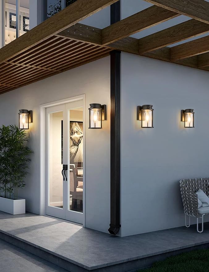 Solar Outdoor Wall Light Motion Sensor Outside Wall Lamp Dusk to Dawn Exterior Light Fixtures Wall Mount Outside Coach Light with Seeded Glass Porch Light IP65 for House Patio