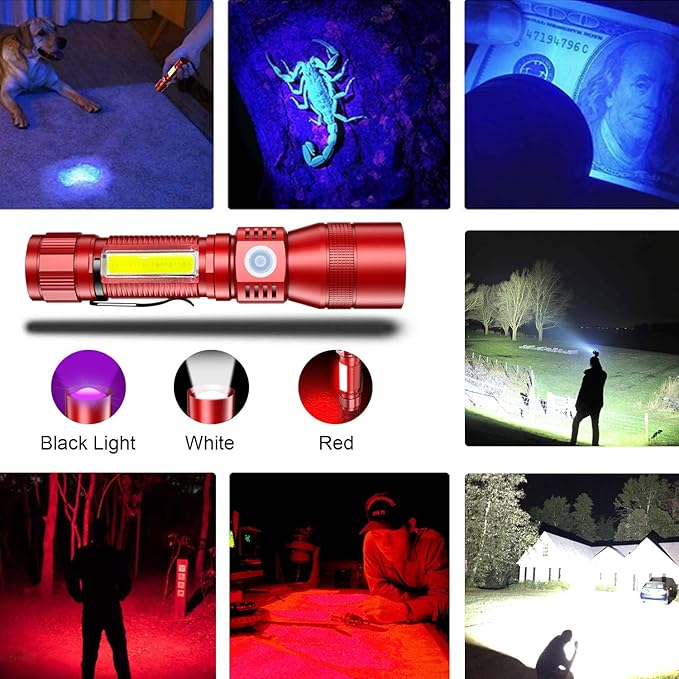 UV Flashlight Rechargeable, Black Light Flashlight with Magnet&Side Work Light 3in1 Tactical Flashlight Blacklight&Redlight, Zoomable, Waterproof LED Torch for Pet Urine Detector, Red,2Pcs
