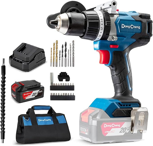 Dong Cheng 20V Brushless Hammer Drill, 1065 in-lbs, 1/2" Keyless Metal Chuck, 24+1+1 Clutch, Cordless Hammer Drill with 4.0Ah Battery Kit for Drilling Brick Wall, Metal, Wood