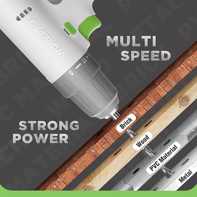 WORKPRO 12V Cordless Drill Driver Set, Electric Power Drill Tool Kit with 6 Pcs Bits, 3/8-Inch Keyless Chuck, Variable Speed, 18 Touque Setting, Type-C Charge Cable, Led Light, White