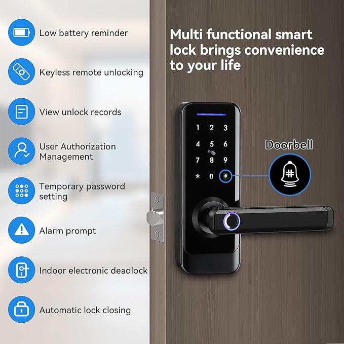 Smart Front Door Lock with Lever Handle, Keyless Entry Keypad Fingerprint Deadbolt, APP Control Biometric Electronic Digital Touchscreen Knob Set