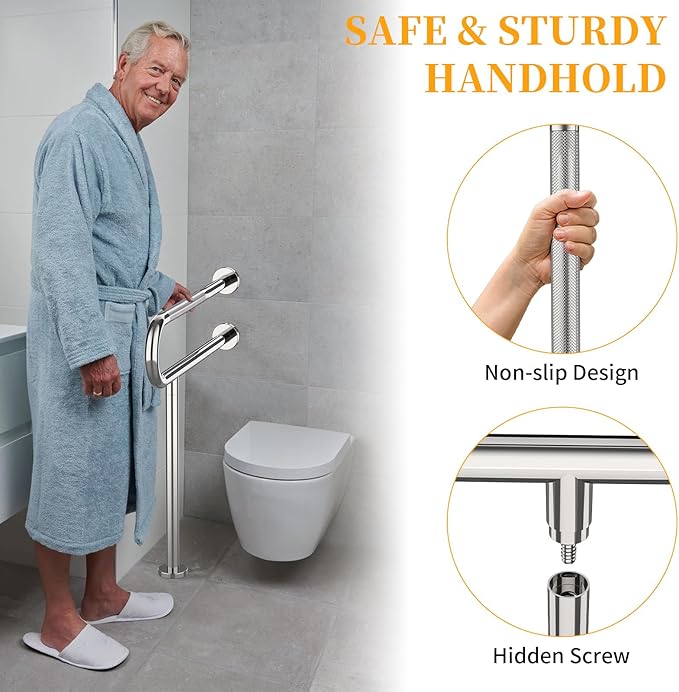 Toilet Grab Bar 31.3 Inch with Leg, YuanDe Chrome Anti-Slip Toilet Handrail, Wall & Floor Mounted Stainless Steel Grab Bar, Knurled Handicap Support Rail for Elderly, Disabled, Pregnant