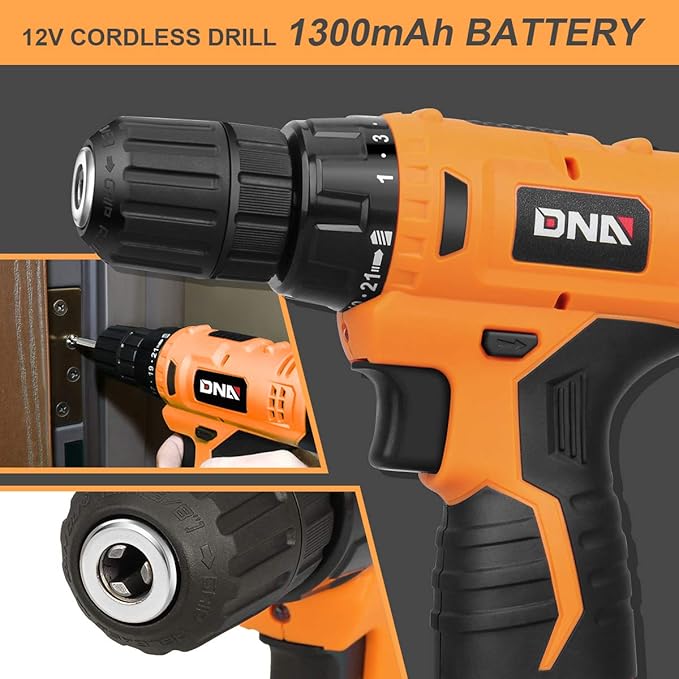 DNA MOTORING 27pcs 12V 1300mAh Cordless Drill Set, Drill Driver Home Tool Kits Combination Tool Set, Tool Kit with Drill For Home, DIY, Maintenance, Orange, TOOLS-00016