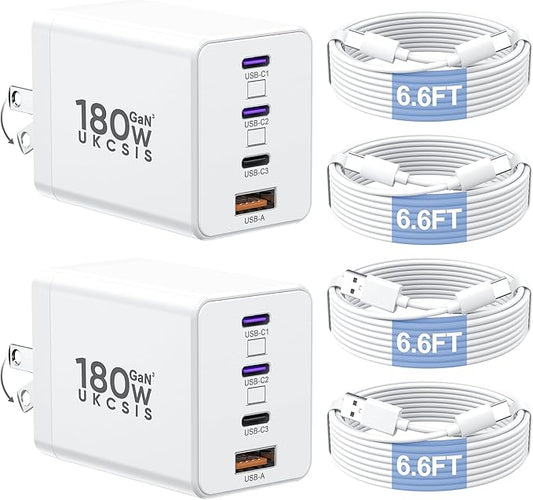 2 Pack 180W USB C Charger Block, Foldable 4-Port GaN Fast Wall Charger, Dual 65W Type C Charging Block, Laptop Fast Charging Adapter for MacBook Pro/Air, iPad, iPhone, Samsung Galaxy (White)