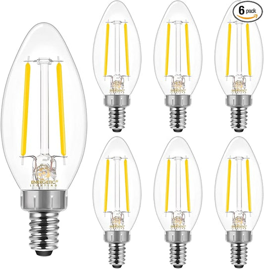 Energetic E12 B10 LED Classic Candelabra Clear Light Bulb, 40 Watt Equivalent, Cool White 4000K, Filament Clear Glass, Non-Dimmable, UL Listed Pack of 6