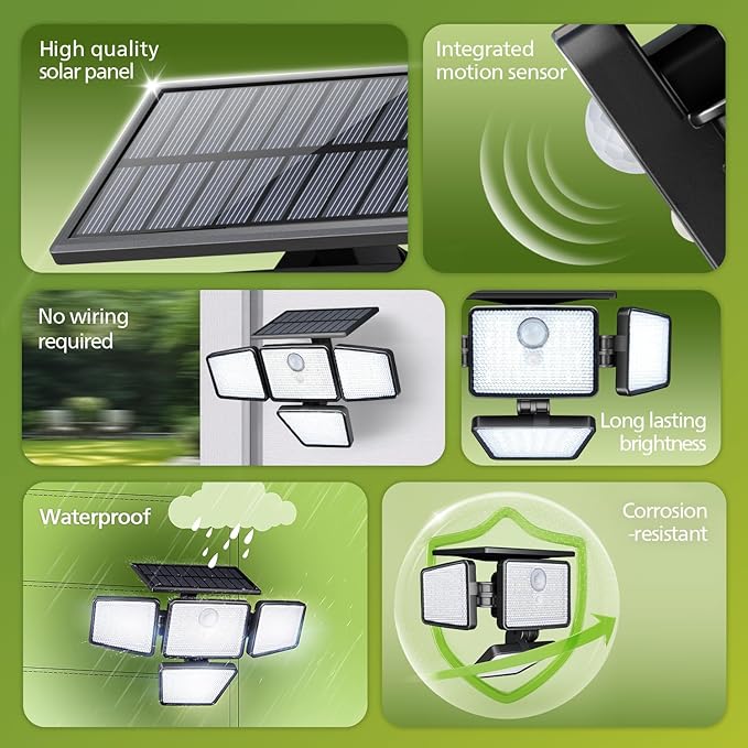 Philips Solar Security Light Outdoor, 196 LED Wall-Mounted Flood Light w/PIR Motion Sensor, 3 Modes, 4 Adjustable Heads Solar-Powered Floodlights with Remote Control, IP65 Waterproof