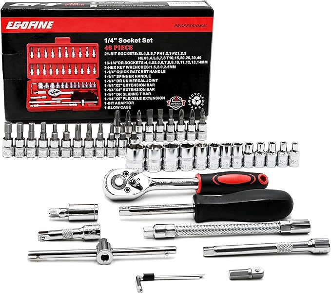 Egofine 46 Pieces 1/4 inch Drive Socket Ratchet Wrench Set, with Bit Socket Set Metric and Extension Bar for Auto Repairing and Household, with Storage Case