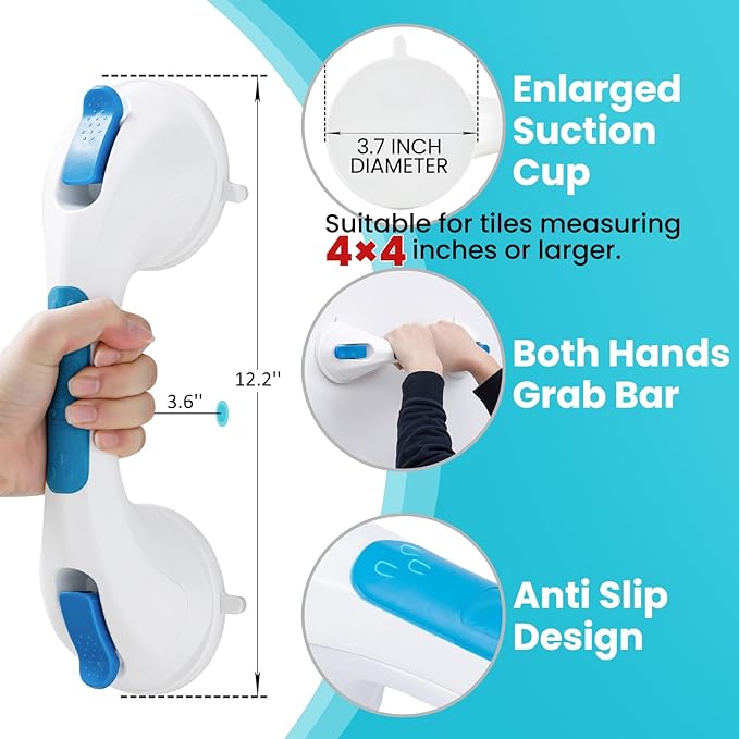 TAILI Shower Grab Bar Glow in The Dark, 2 Pack 12.2 in Grab Bars for Bathtubs and Showers,Shower Handles Shower Rails for Seniors and Elderly,Bathroom Safety Grip Removable No Drilling Waterproof Blue