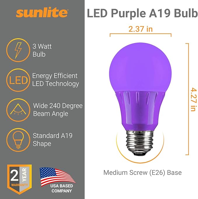 Sunlite 80132-SU LED A19 Standard a Type Light Bulb, 2 Pack, Purple