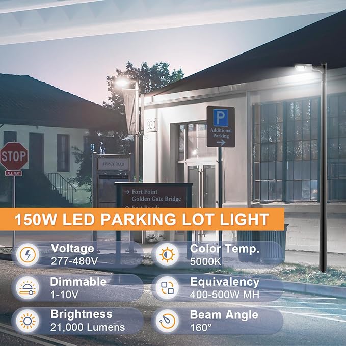 480V 150W LED Parking Lot Lights, 21000LM LED Shoebox Street Light Flood Light (500W MH/HPS Equiv.), 5000K Dimmable Commercial Area Lighting with 20KV Surge Protection, IP65 277-480V UL&DLC Listed