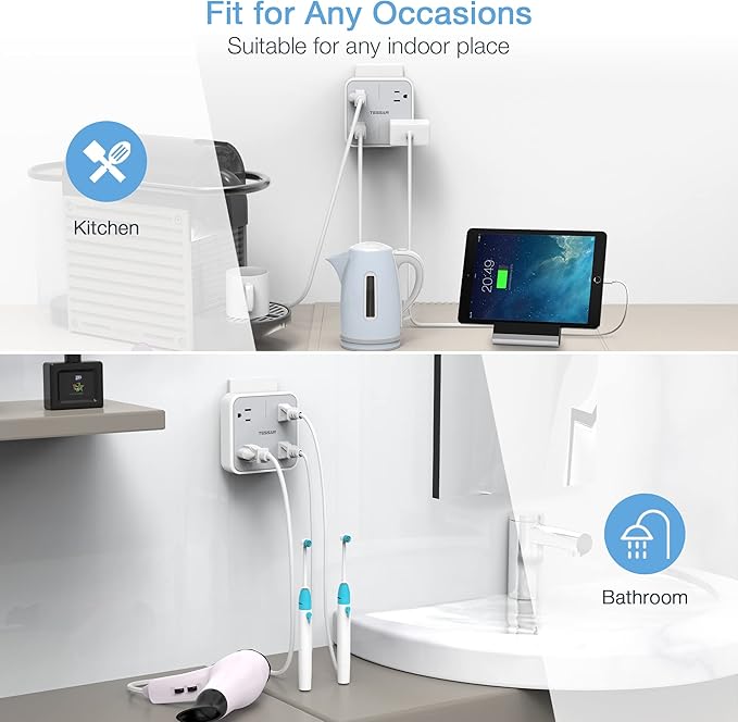 Multi Plug Outlet Splitter, TESSAN Widely Spaced Outlet Extender with 4 AC, Wall Plug Expander Surge Protector for Home, Office, Dorm Essentials