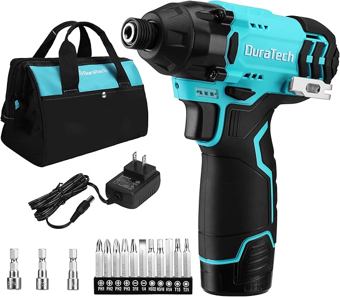 DURATECH 12V Cordless Impact Driver, 1/4” Electric Impact Driver with 11pcs Screwdriver Bits, 3pcs Nut-driver Bits, Variable Speed(0-2400RPM), LED Light, Tool Bag, Battery and Charger Included