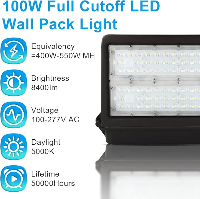 OSTEK 100W Full Cut-Off LED Wall Pack Light with Photocell 11000LM 5000K - Replaces 400 watt Metal halide/HPS, Outdoor Area Full Cutoff Wall Pack led Light Fixture IP65, UL, DLC (watts, 100)