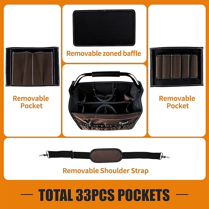KUNLUN 17-Inch Open Top Tool Bag, Electrician Tool Bag, Tool Tote Bag Organizer for Easy Tool Access, 33 Pockets Foldable Tool Carrier with Rotating Steel Handle and Removable Shoulder Strap, Brown