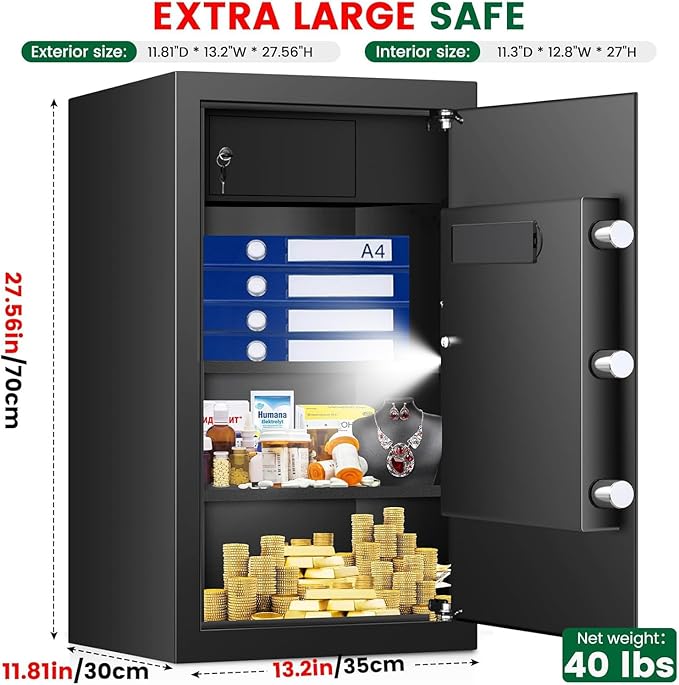 6.1 Cu ft Extra Large Home Safes Fireproof Waterproof, Money Safes, Fire Safe Box With Digital Keypad & Lock Box and Led Light, Fireproof Box for Home Documents Money Valuables