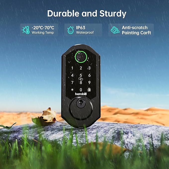 Hornbill Front Door Lock Set: WiFi Keyless Entry Smart Deadbolt Knob with Fingerprint Keypad App Code Fobs Remote Control Alexa Google, Digital Electronic Touchscreen Lock for Exterior - Black