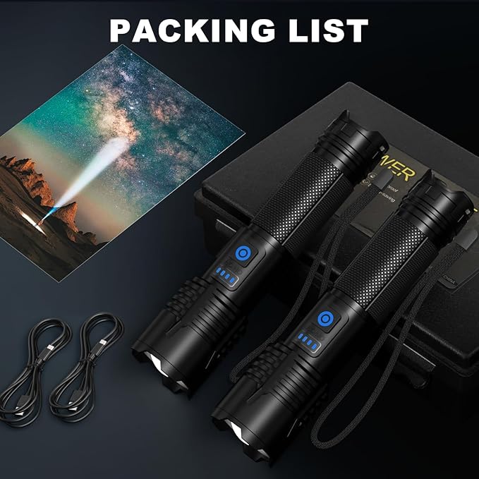 Rechargeable Flashlights High Lumens, 90,000 Lumens Super Bright Led Flashlights with USB Cable, Adjustable Powerful 5 Modes Waterproof Flashlight Handheld Flash Light for Home Camping