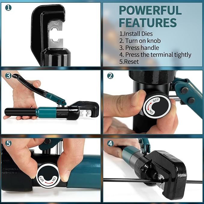 Hydraulic Crimping Tool - 1/8” Wire Rope Crimping Tool with 9 Die Sets (12 AWG to 2/0 AWG) for Battery/Welding Cables & Electrical Wires