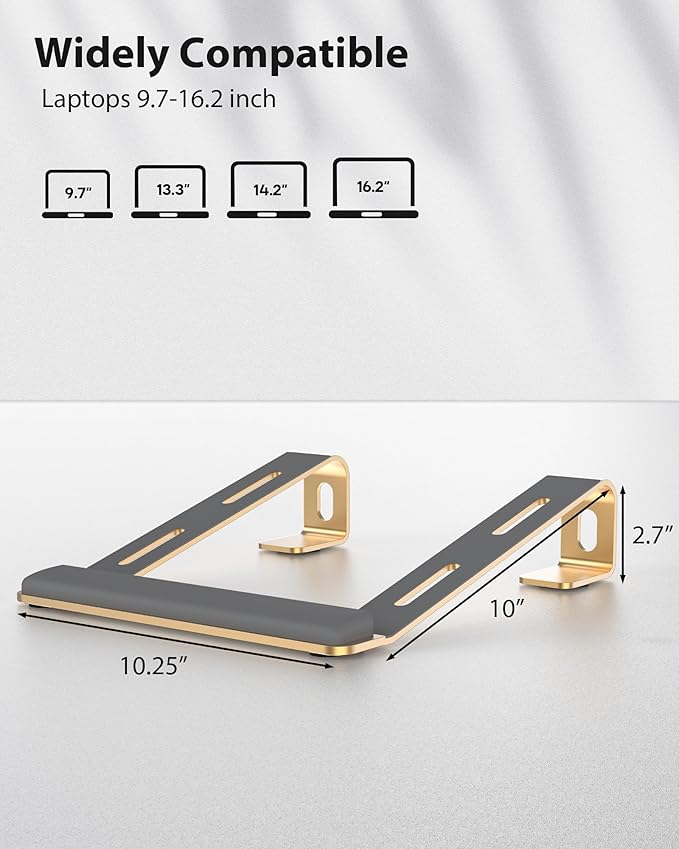 NTMY Laptop Stand for Desk With Wrist Support Pad, Aluminum Computer Stand, Ventilated Ergonomic for MacBook/HP/Dell/Acer/Lenovo, 10-17.3'' - Gold