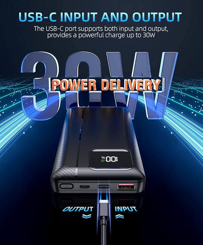 Power-Bank-Portable-Charger - 16000mAh Power Bank Support PD 30W and QC4.0 Fast Charger with Built-in 2 Output Cable and LED Display for iPhone and Android Phones and Most Electronic Devices