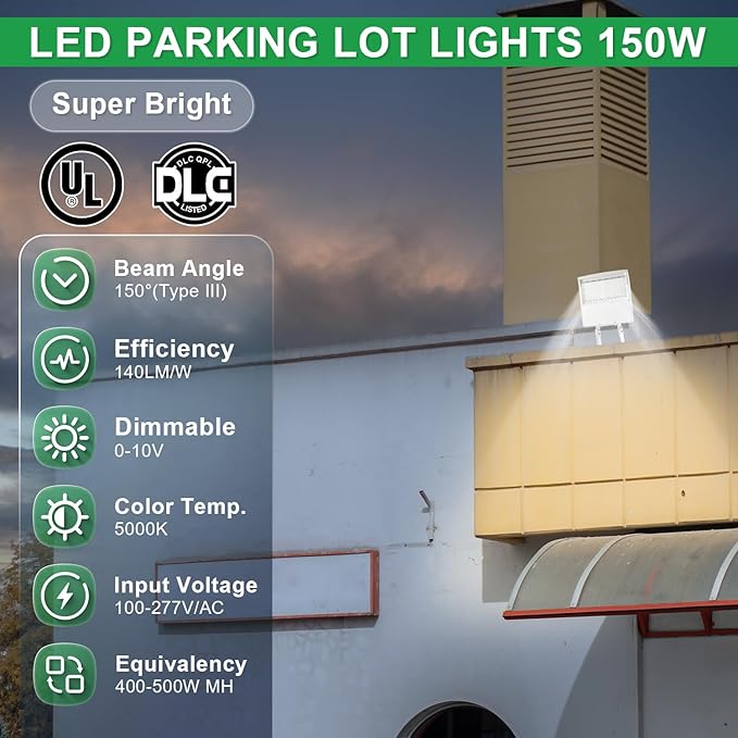150W LED Parking Lot Light, 5000K 21000LM(140lm/w) LED Shoebox Area Light - Yoke Mount, Dimmable Commercial Street Lighting, Surge Protection Built-in, AC100-277V UL DLC Listed