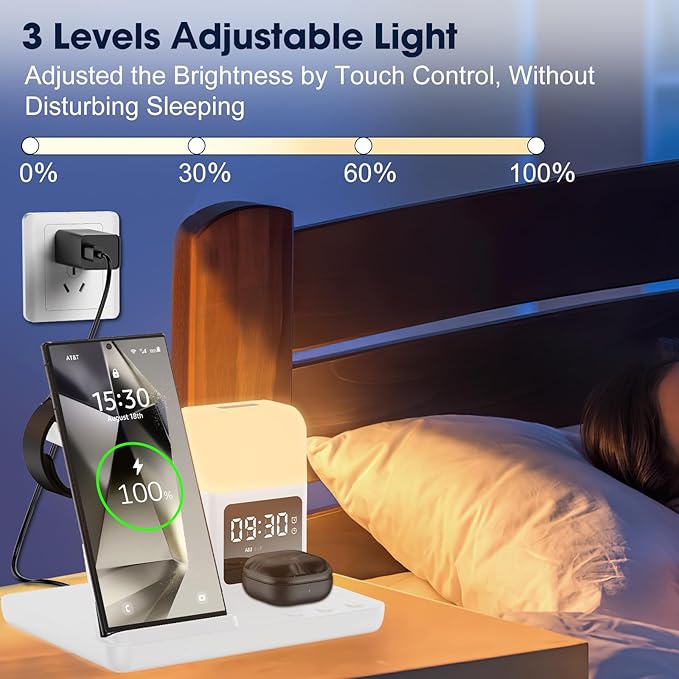 Wireless Charger for Samsung/Android, 6 in 1 Phone Nightstand Charging Station Charger with Alarm Clock/Night Light for Samsung S25/S24/S23 Ultra/Buds3 Pro,Watch Charger for Galaxy Watch 8/7/6/5-White