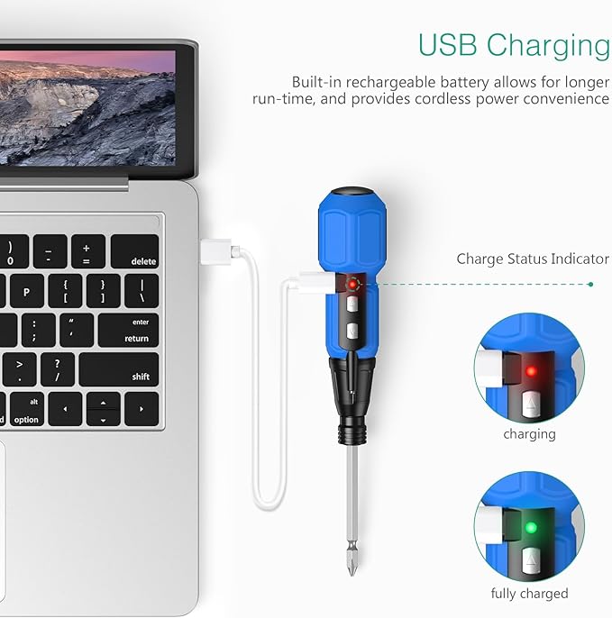 ORIA Cordless Electric Screwdriver Set, Rechargeable Cordless Screwdriver, Mini Electric Repair Tool Kit with 10 Bits, LED Lights, USB Cable, Bits Holder, for PC, Keyboard, Toys, Glasses, Blue