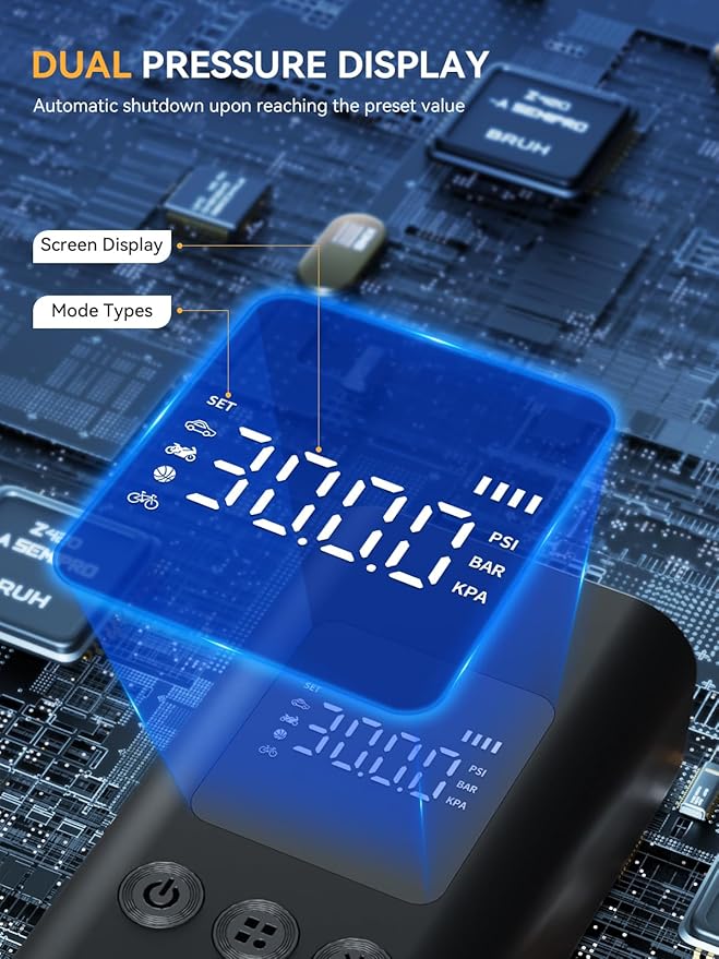 AIRSURE Tire Inflator Portable Air Compressor, 150 PSI Fast Inflation Cordless Air Pump with LED Light, Auto Shut-Off, Rechargeable Battery for Car, Motorcycle, Bike, and Sports Balls