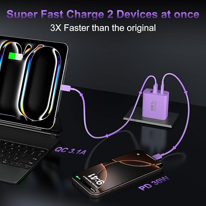 USB C Fast Wall Charger Block, 2Pack 60W USBC Charging Cubes, 5-Port PD+QC Power Adapter Multiport Brick Type C Box Plug for Phone 16/15/14/13/12/11/Pro Max/Plus, Pad Mini/Pro/S25/S24-Purple