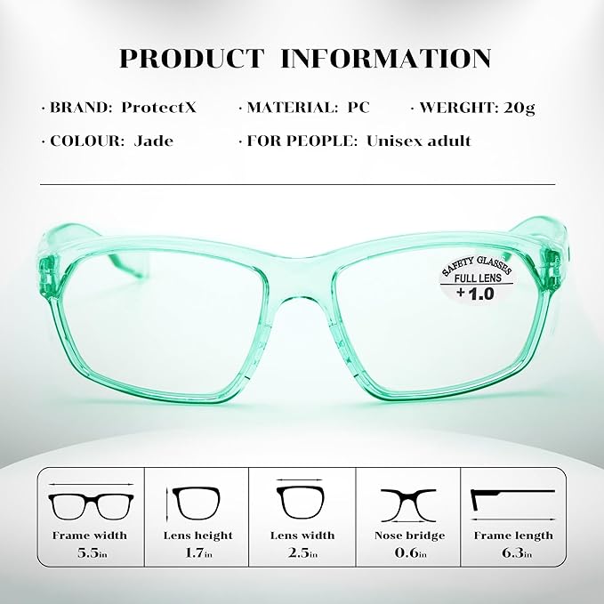 ProtectX Stylish Anti-Fog & Scratch-Resistant Safety Glasses With Readers, UV Protection Goggles, Anti-Impact Lightweight Glasses for Men＆Women Jade Reading 1.0-6 Pack