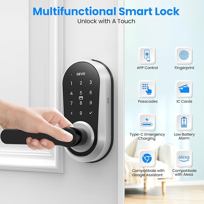 Devo G7 Smart Door Lock with Handle,6-in-1 Fingerprint Keyless Entry,APP Control,Fingerprint ID,Auto Locks,Built-in Wi-Fi Smart Deadbolt for Front Door,Easy Install,Waterproof,BHMA Grade 3