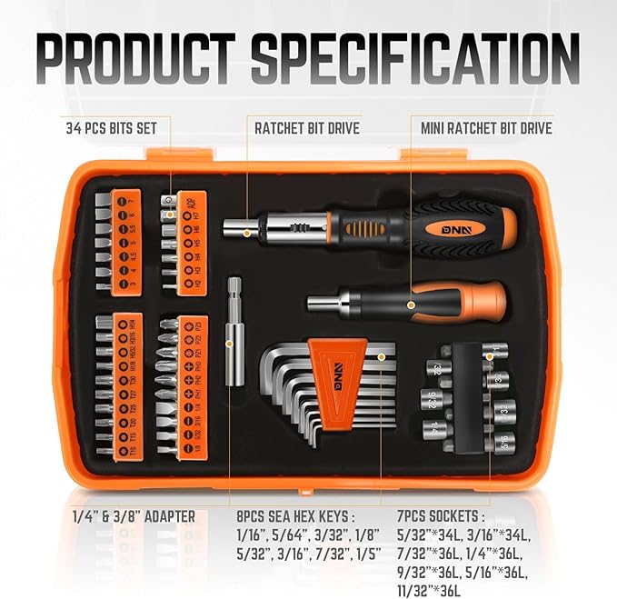DNA Motoring TOOLS-00039 General Hand Tool Kit with Multi-Bit Screwdriver Hex Keys, Wrench - Orange/Black Flat Head Tool Set